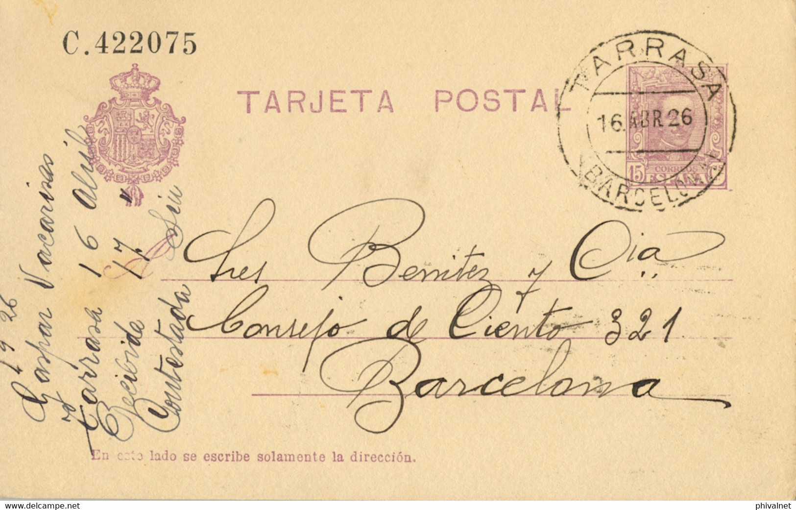 1926  , BARCELONA   , E.P. 57 CIRCULADO , TARRASA - BARCELONA , LLEGADA - 1850-1931