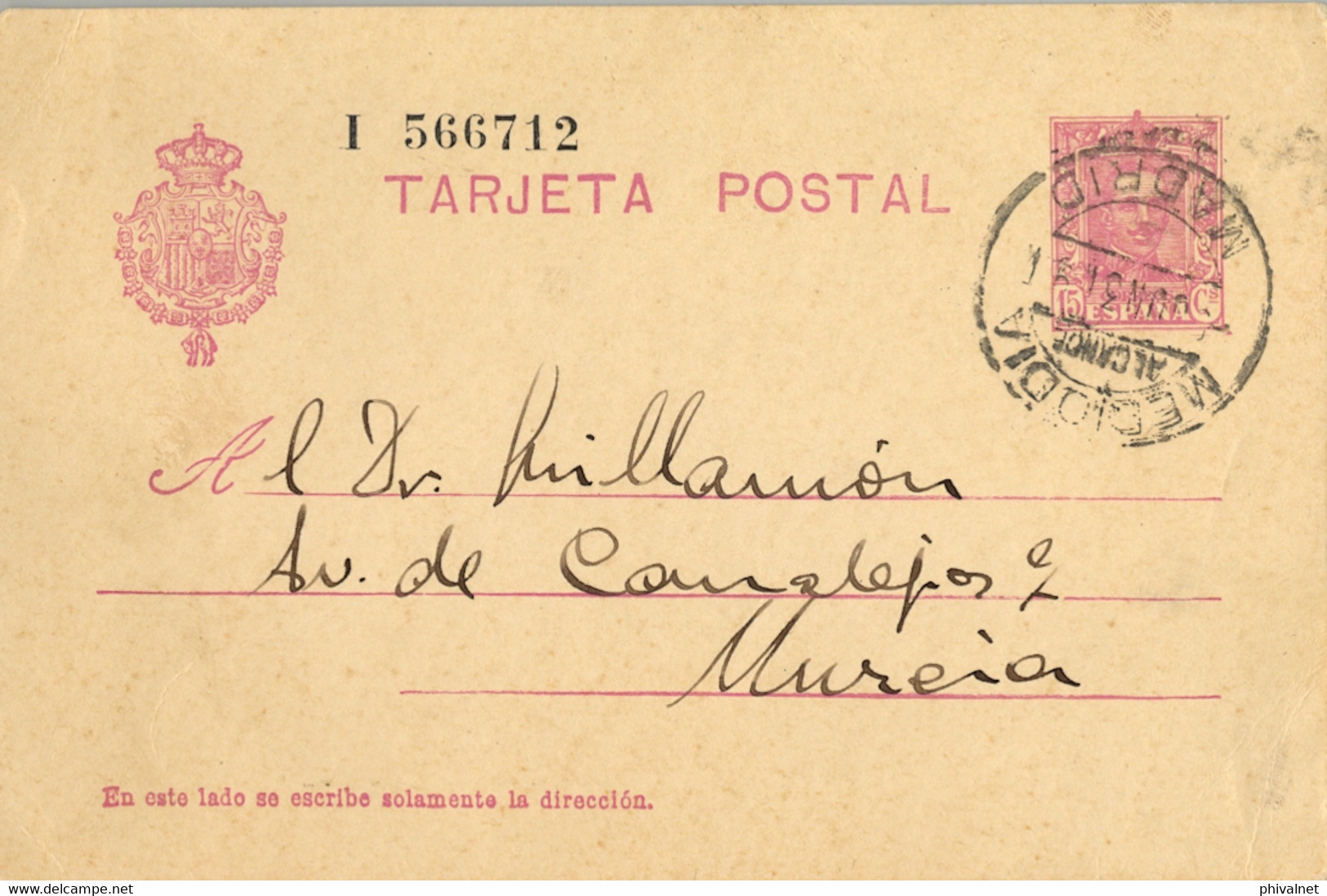 1931  , MADRID  , E.P. 57 CIRCULADO A MURCIA , MAT. " MEDIODIA / ALCANCE / MADRID " - 1850-1931