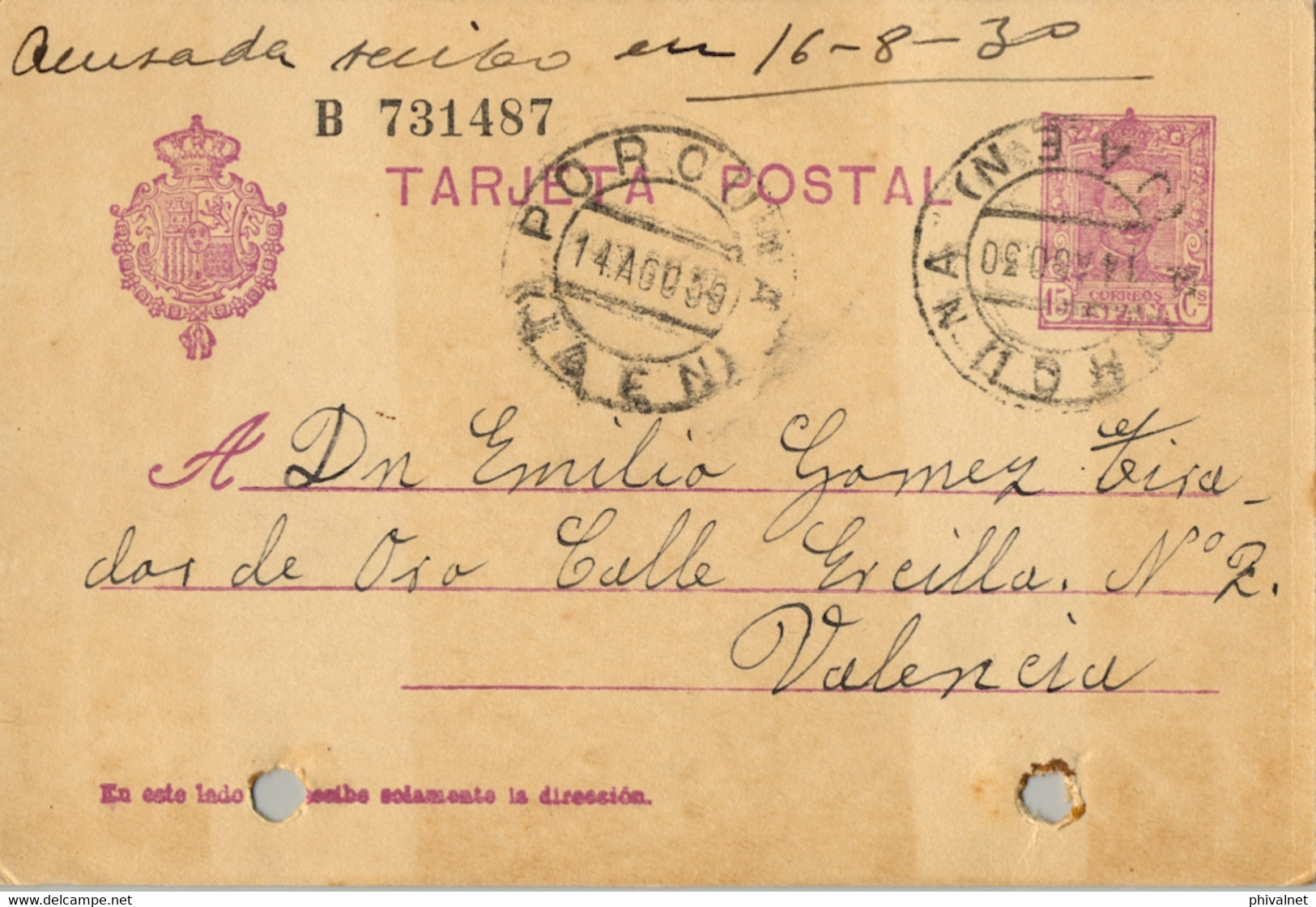 1930  , JAÉN  , E.P. 57 CIRCULADO , PORCUNA - VALENCIA - 1850-1931