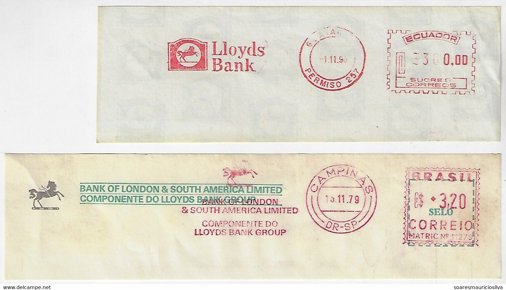 Ecuador Brazil 1979/1990 2 Fragment Cover Meter Stamp Slogan Lloyds Bank From Guayaquil Campinas Logo Animal Fauna Horse - Pferde