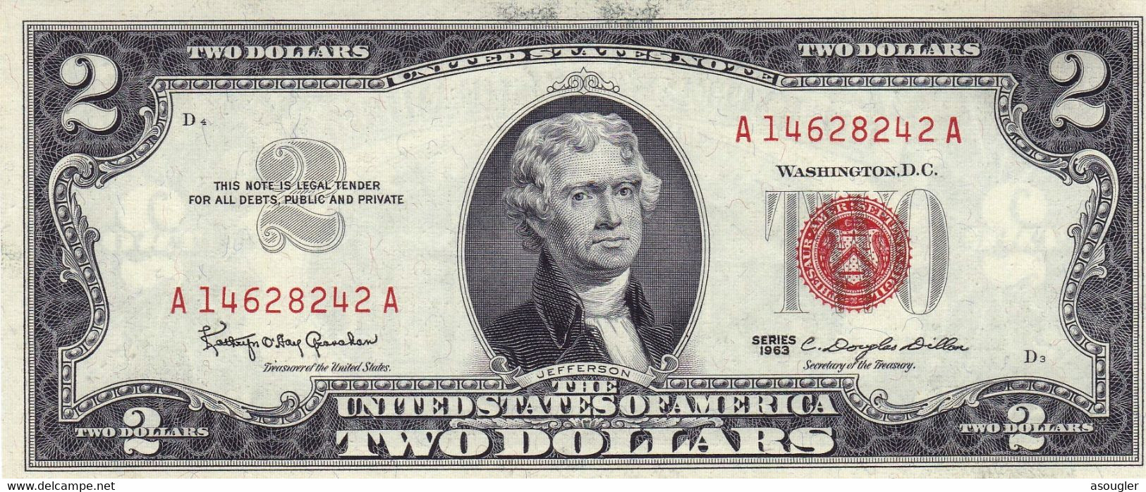 USA 2 $ DOLLARS 1963 RED SEAL NOTE UNC "free Shipping Via Registered Air Mail" - Billetes De Estados Unidos (1928-1953)