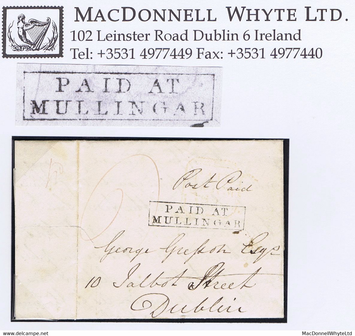 Ireland Westmeath 1835 Letter To Dublin Prepaid "6" With Framed PAID AT/MULLINGAR In Black, MULLINGAR JA 15 1835 Cds - Prefilatelia