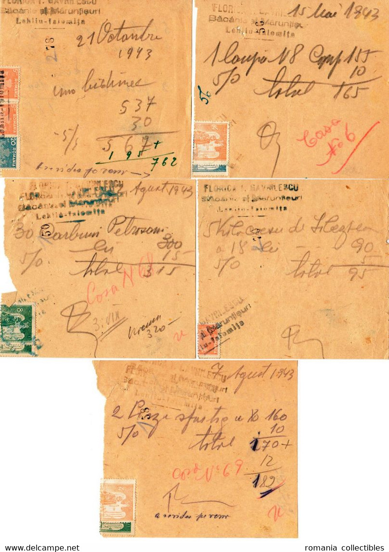 Romania, 1943, Lot Of 5 Vintage Bills / Receipts - Revenue / Fiscal Stamps / Cinderellas - Steuermarken