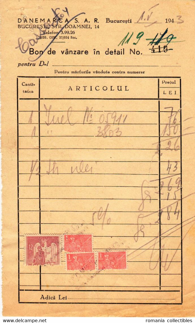 Romania, 1943, Vintage Bill / Receipt - Revenue / Fiscal Stamps / Cinderellas - Fiscale Zegels