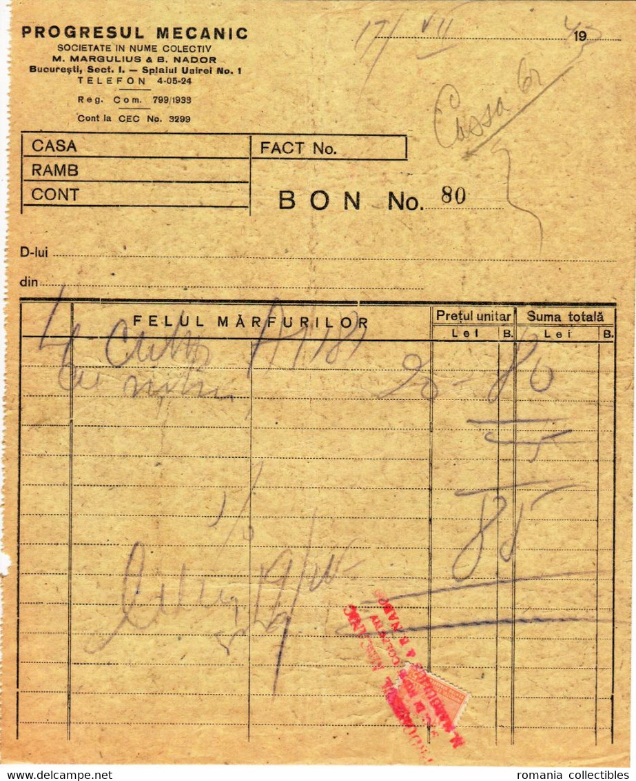 Romania, 1943, Vintage Bill / Receipt - Revenue / Fiscal Stamps / Cinderellas - Fiscale Zegels