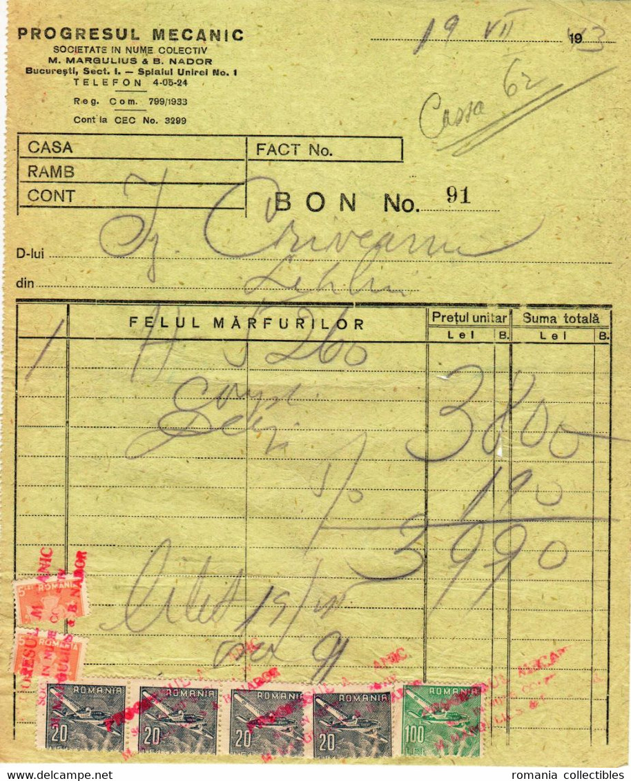 Romania, 1943, Vintage Bill / Receipt - Revenue / Fiscal Stamps / Cinderellas - Fiscale Zegels