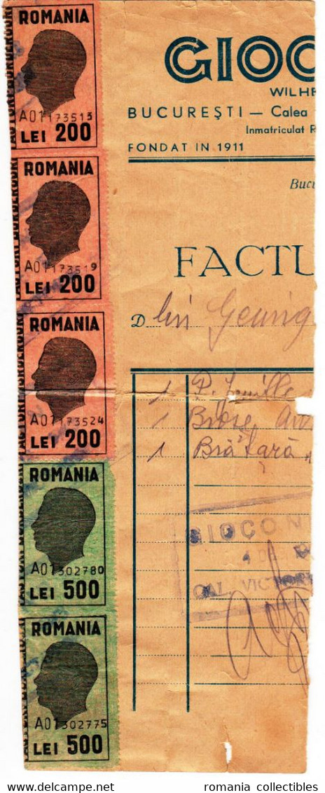 Romania, 1940's, Vintage Invoice Piece / Receipt - Revenue / Fiscal Stamps / Cinderellas - Fiscale Zegels