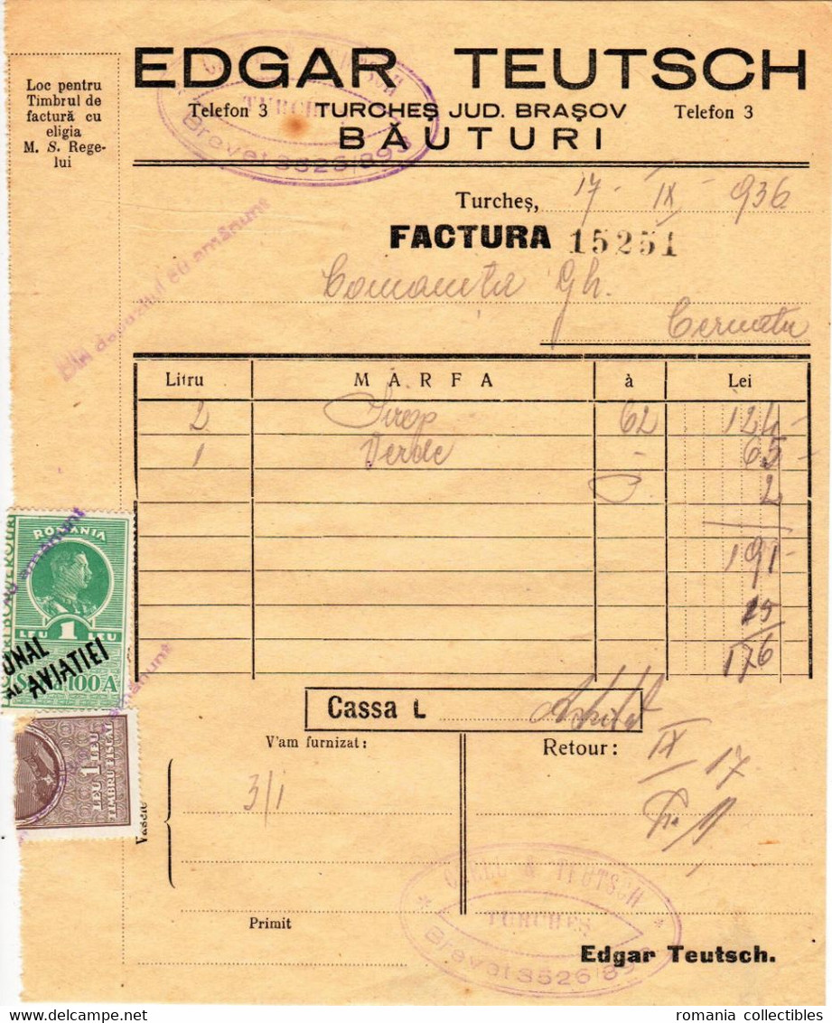 Romania, 1936, Vintage Invoice / Receipt, Brasov - Revenue / Fiscal Stamps / Cinderellas - Fiscale Zegels