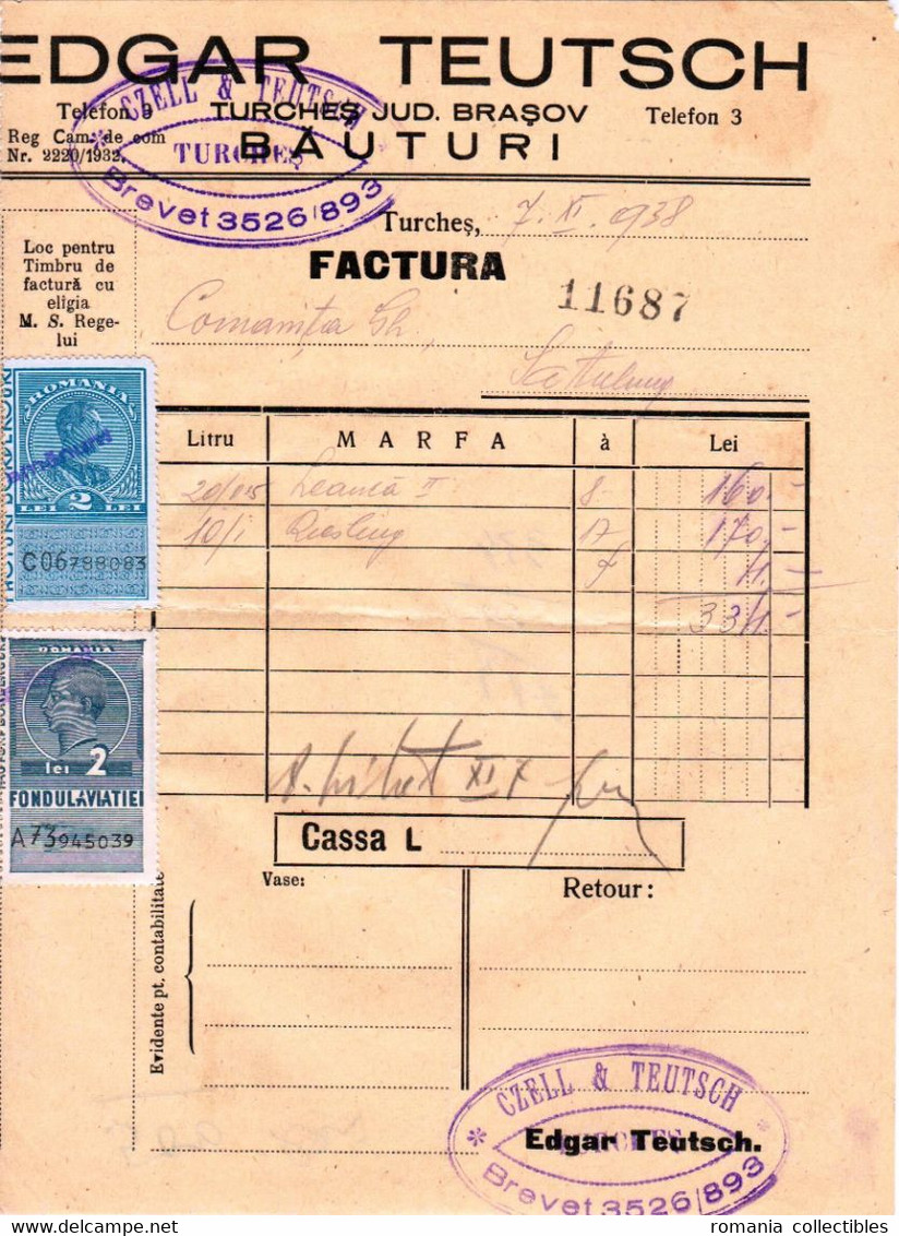 Romania, 1938, Vintage Invoice / Receipt, Brasov - Revenue / Fiscal Stamps / Cinderellas - Fiscales