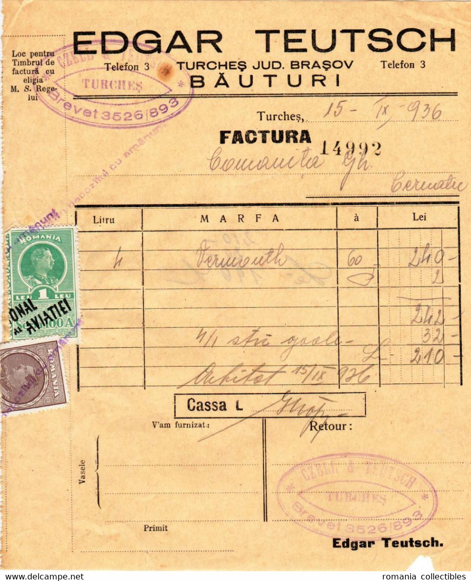 Romania, 1936, Vintage Invoice / Receipt, Brasov - Revenue / Fiscal Stamps / Cinderellas - Fiscales