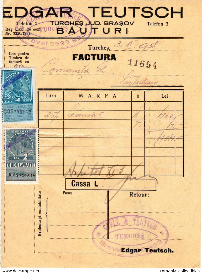 Romania, 1938, Vintage Invoice / Receipt, Brasov - Revenue / Fiscal Stamps / Cinderellas - Fiscales