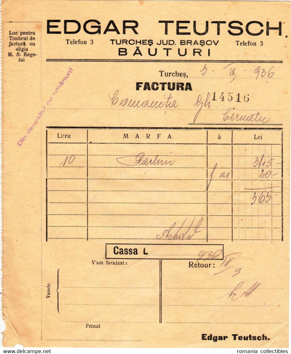 Romania, 1936, Vintage Invoice / Receipt, Brasov - Fiscaux