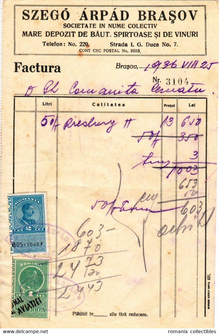 Romania, 1936, Vintage Invoice / Receipt, Brasov - Revenue / Fiscal Stamps / Cinderellas - Fiscali