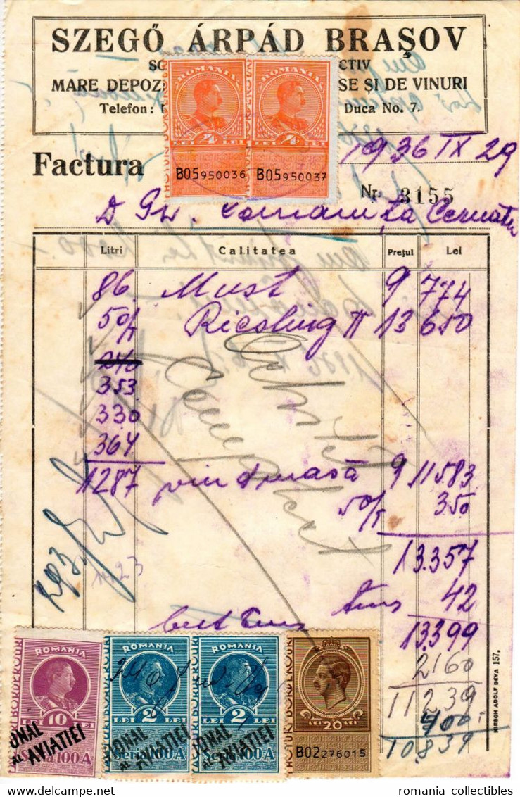 Romania, 1936, Vintage Invoice / Receipt, Brasov - Revenue / Fiscal Stamps / Cinderellas - Revenue Stamps