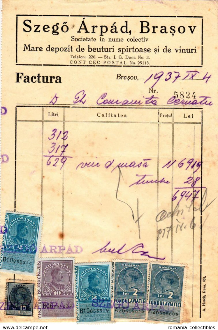 Romania, 1937, Vintage Invoice / Receipt, Brasov - Revenue / Fiscal Stamps / Cinderellas - Fiscales