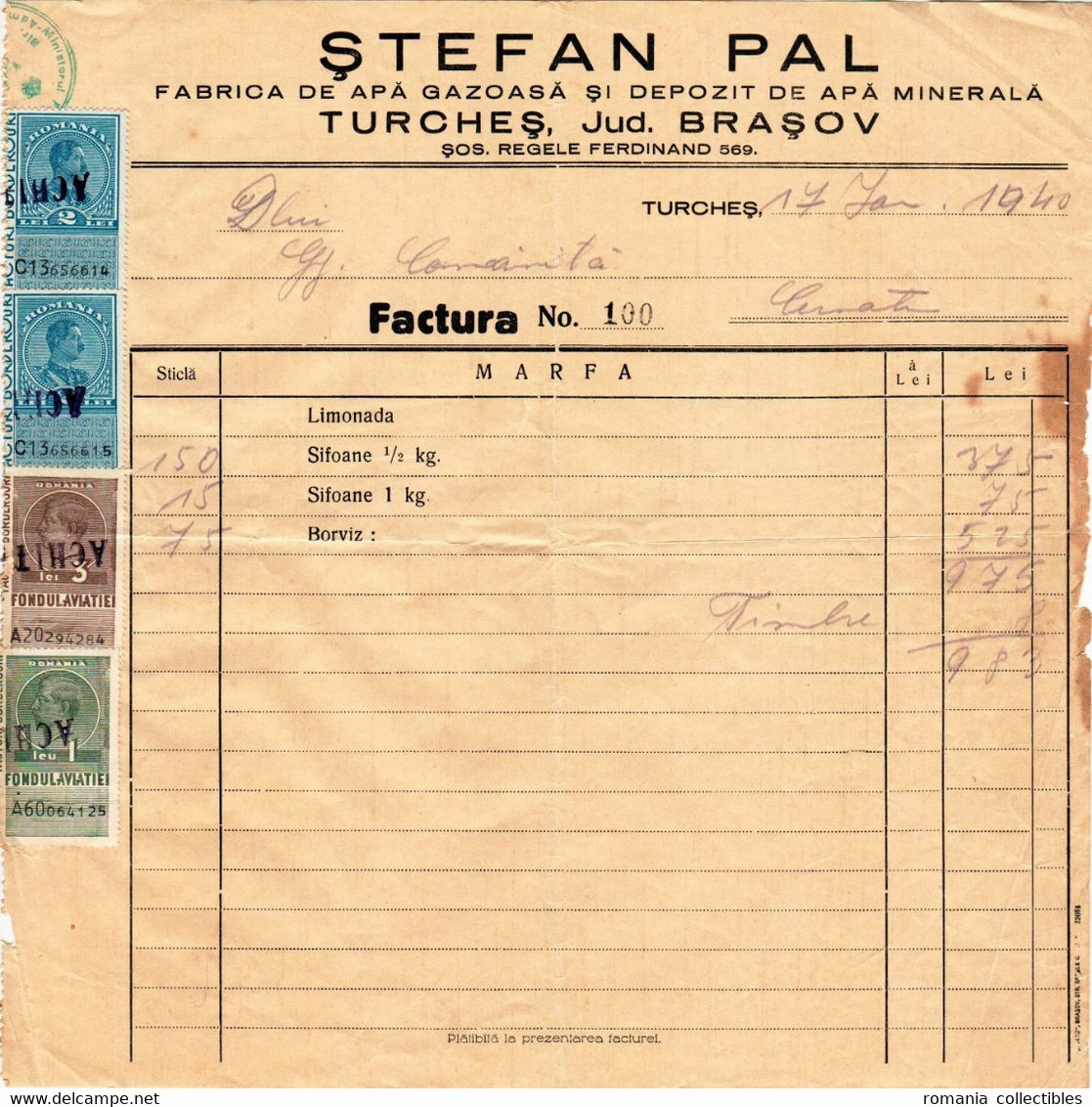 Romania, 1940, Vintage Invoice / Receipt, Brasov - Revenue / Fiscal Stamps / Cinderellas - Fiscales