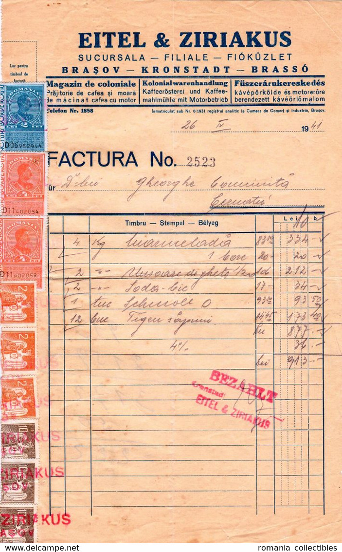Romania, 1941, Vintage Invoice / Receipt, Brasov - Revenue / Fiscal Stamps / Cinderellas - Fiscales