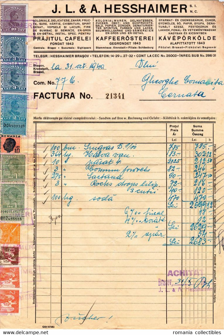 Romania, 1940, Vintage Invoice / Receipt, Brasov - Revenue / Fiscal Stamps / Cinderellas - Steuermarken