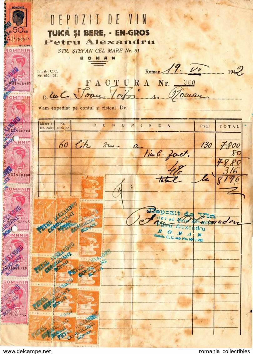 Romania, 1942, Vintage Invoice / Receipt - Revenue / Fiscal Stamps / Cinderellas - Fiscale Zegels