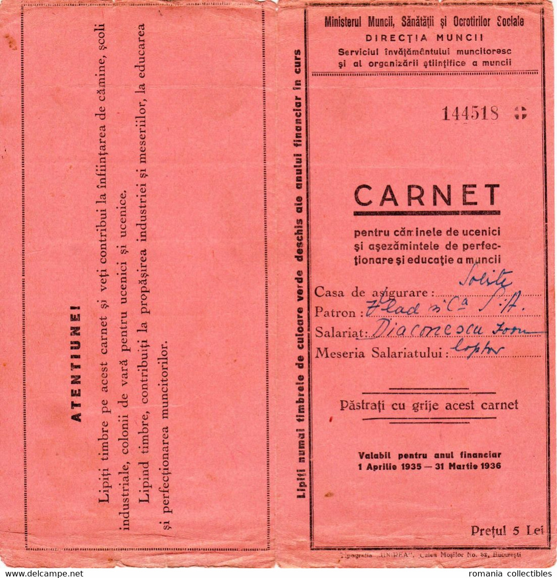 Romania, 1935/1936, Social Insurance Ticket - Revenue Fiscal Stamps / Cinderellas - Steuermarken