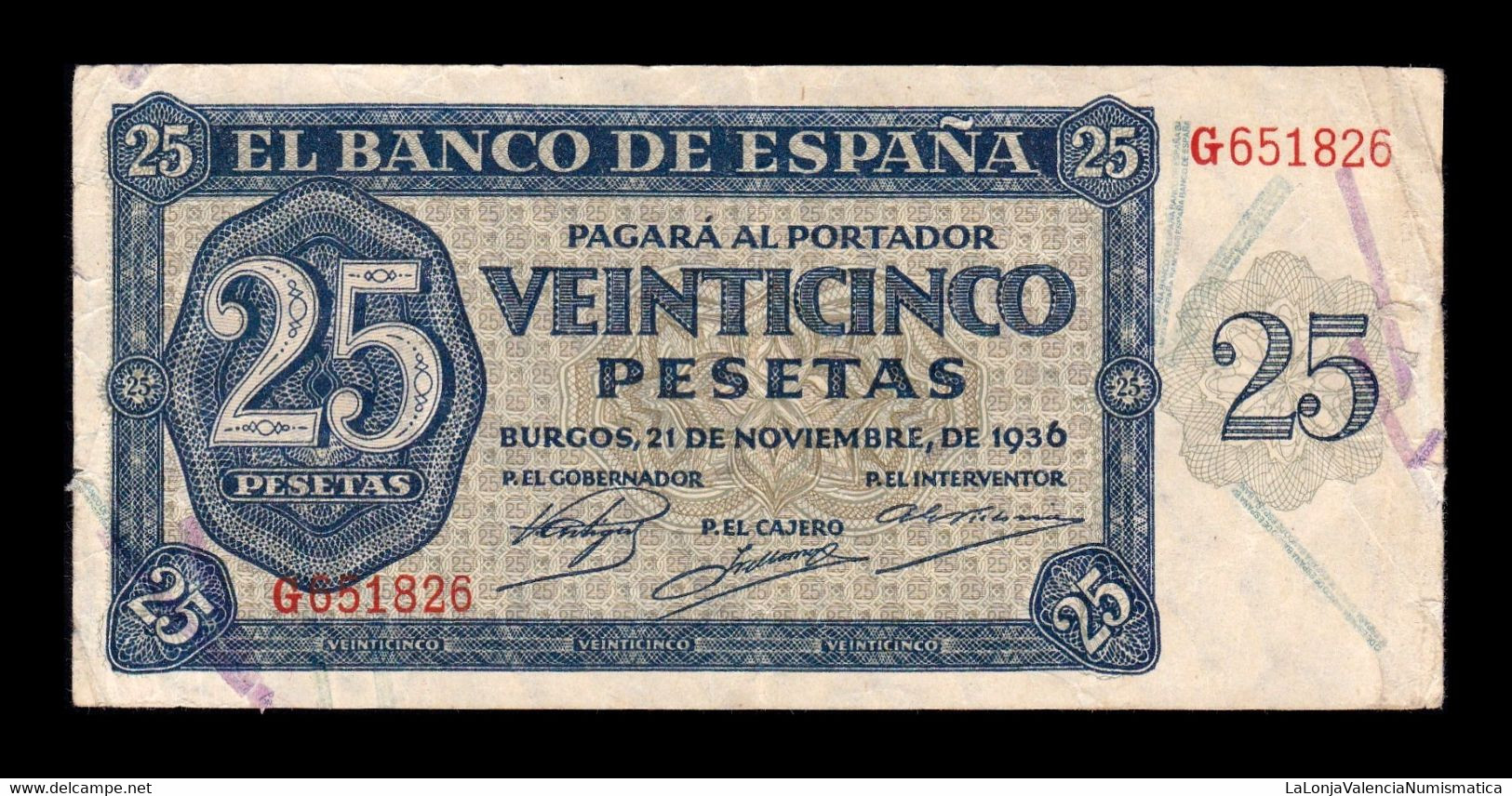 España Spain 25 Pesetas Burgos 1936 Pick 99 Serie G BC/MBC F/VF - 25 Pesetas