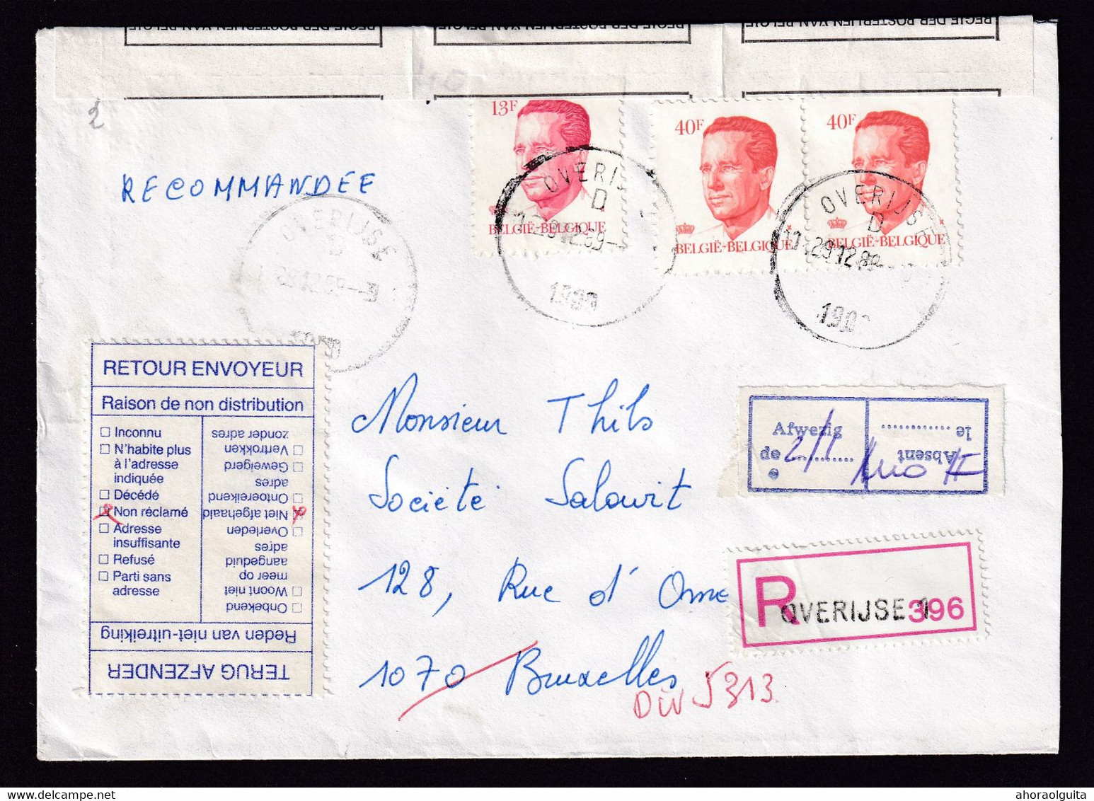 37/056 --  Collection OVERIJSE - Enveloppe Recommandée TP Velghe OVERIJSE 1 En 1989 - Retour + Onbestelbare Brief - 1981-1990 Velghe