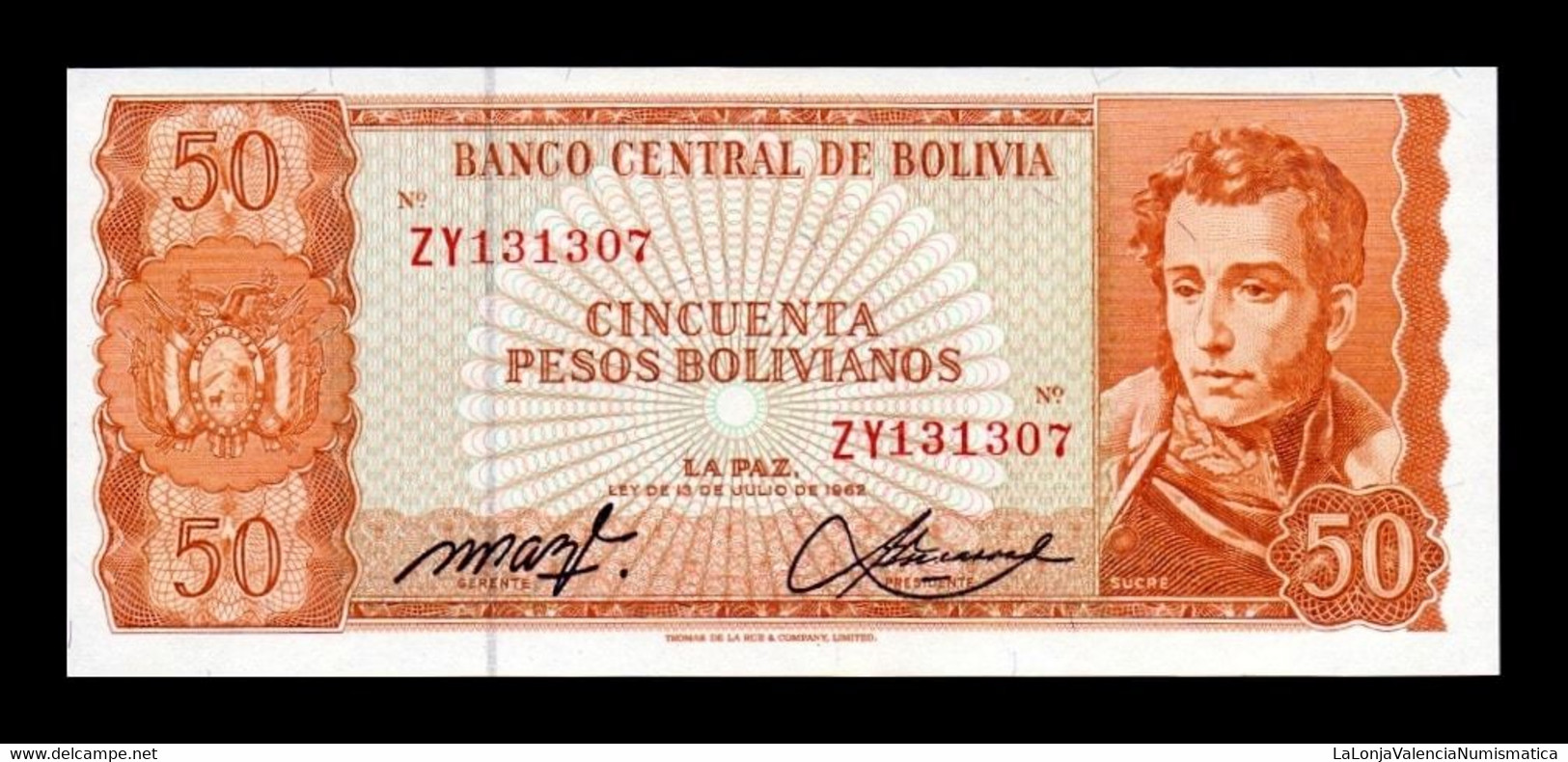 Bolivia 50 Pesos Bolivianos L.1962 Pick 162r Replacement Serie ZY SC UNC - Bolivia