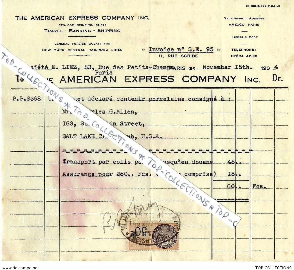 1934 ENTETE THE AMERICAN EXPRESS COMPANY TRAVAL BANKING SHIPPING NEW YORK  SUCCURSALE PARIS  Porcelaine Salt Lake City - Decretos & Leyes