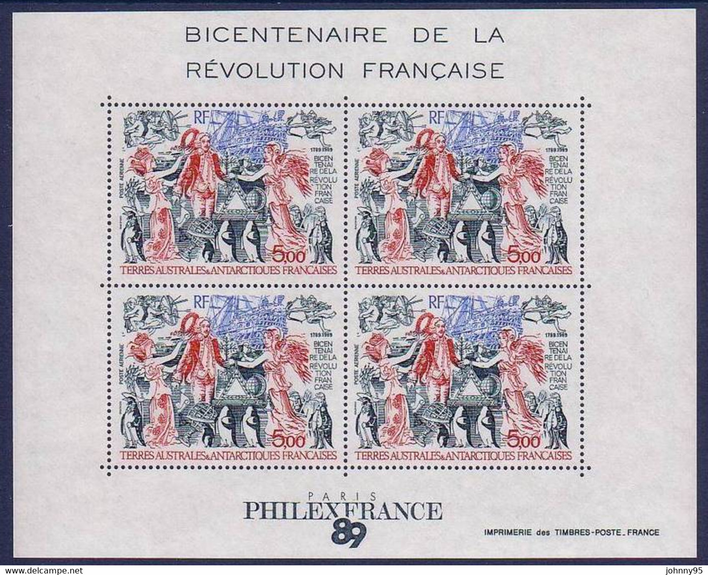 Année 1989 - Feuillet N° 1 - Bicentenaire De La Révolution Française - Philexfrance 89 - Timbre De PA N° 108 - 5 F. X 4 - Blokken & Velletjes