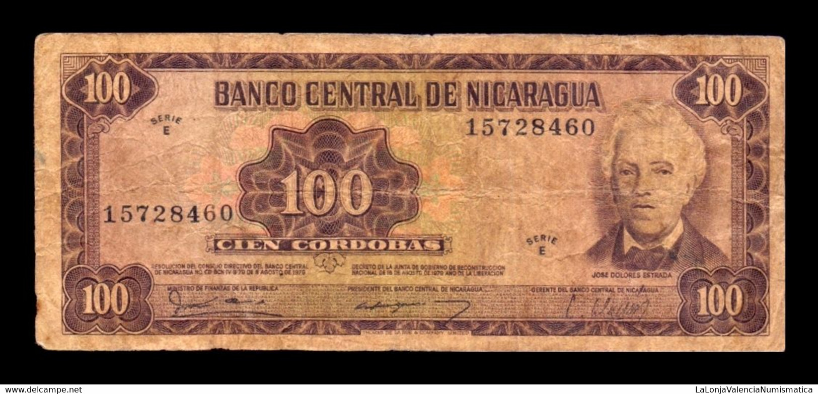 Nicaragua 100 Córdobas José Dolores Estrada D. 1979 Pick 132 Serie E BC F - Nicaragua