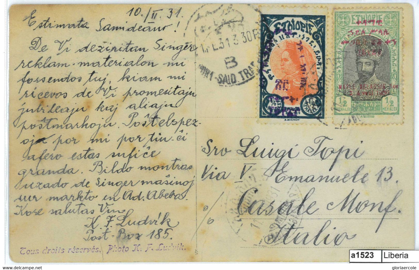 BK0071 - ETHIOPIA - POSTAL HISTORY -  POSTCARD To ITALY 1931 - FANTASTIC!! - Ethiopia