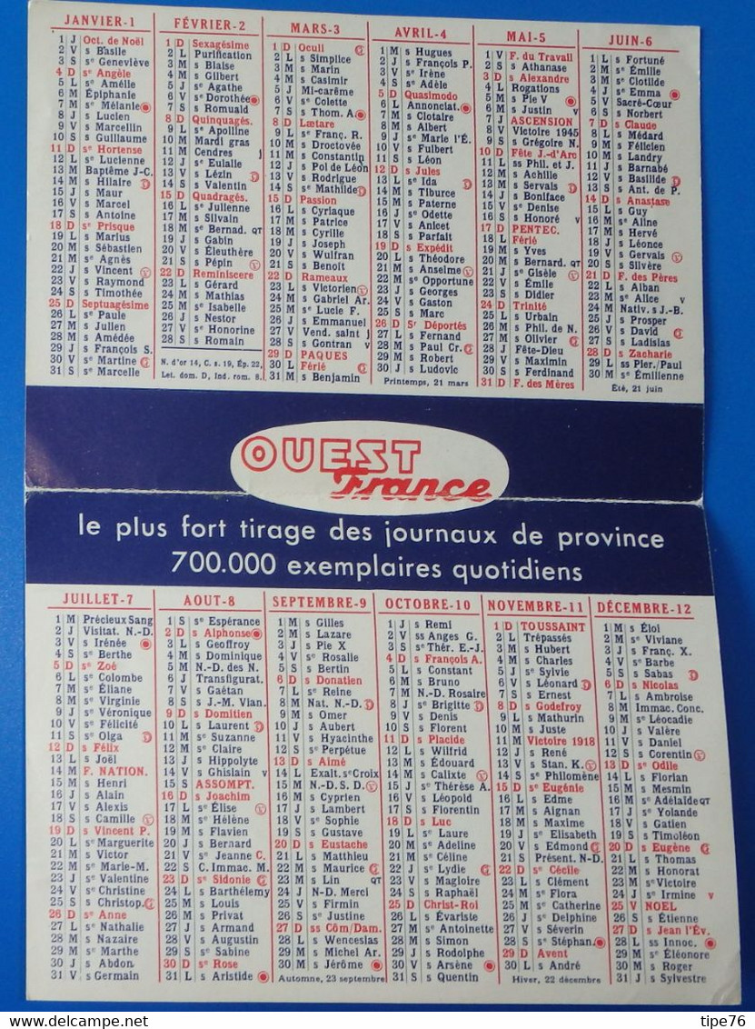 Petit Calendrier De Poche 1970 Journal Ouest France - Petit Format : 1961-70