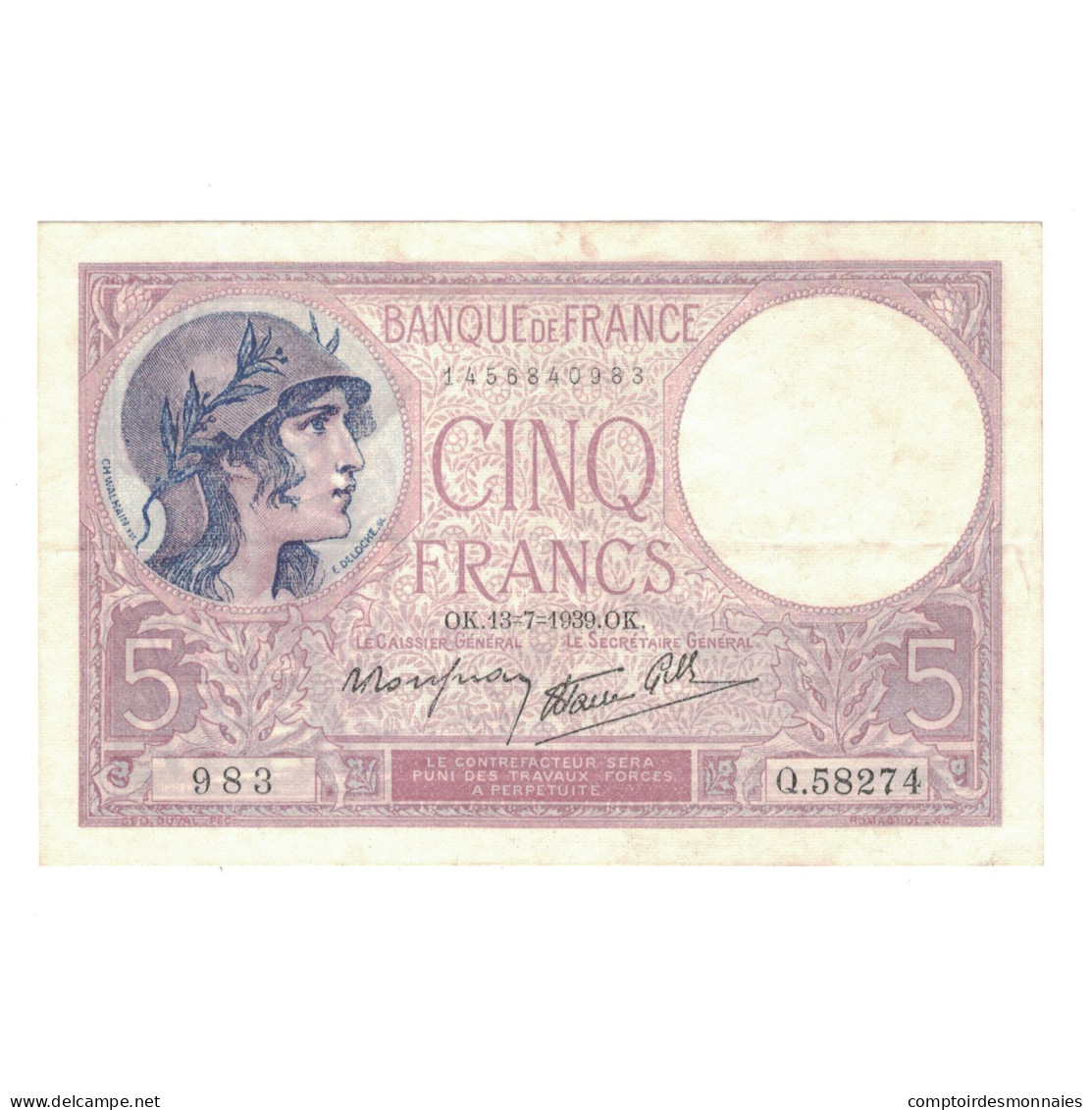 France, 5 Francs, Violet, 1939, Q.58274, TTB, Fayette:4.1, KM:83 - 5 F 1917-1940 ''Violet''