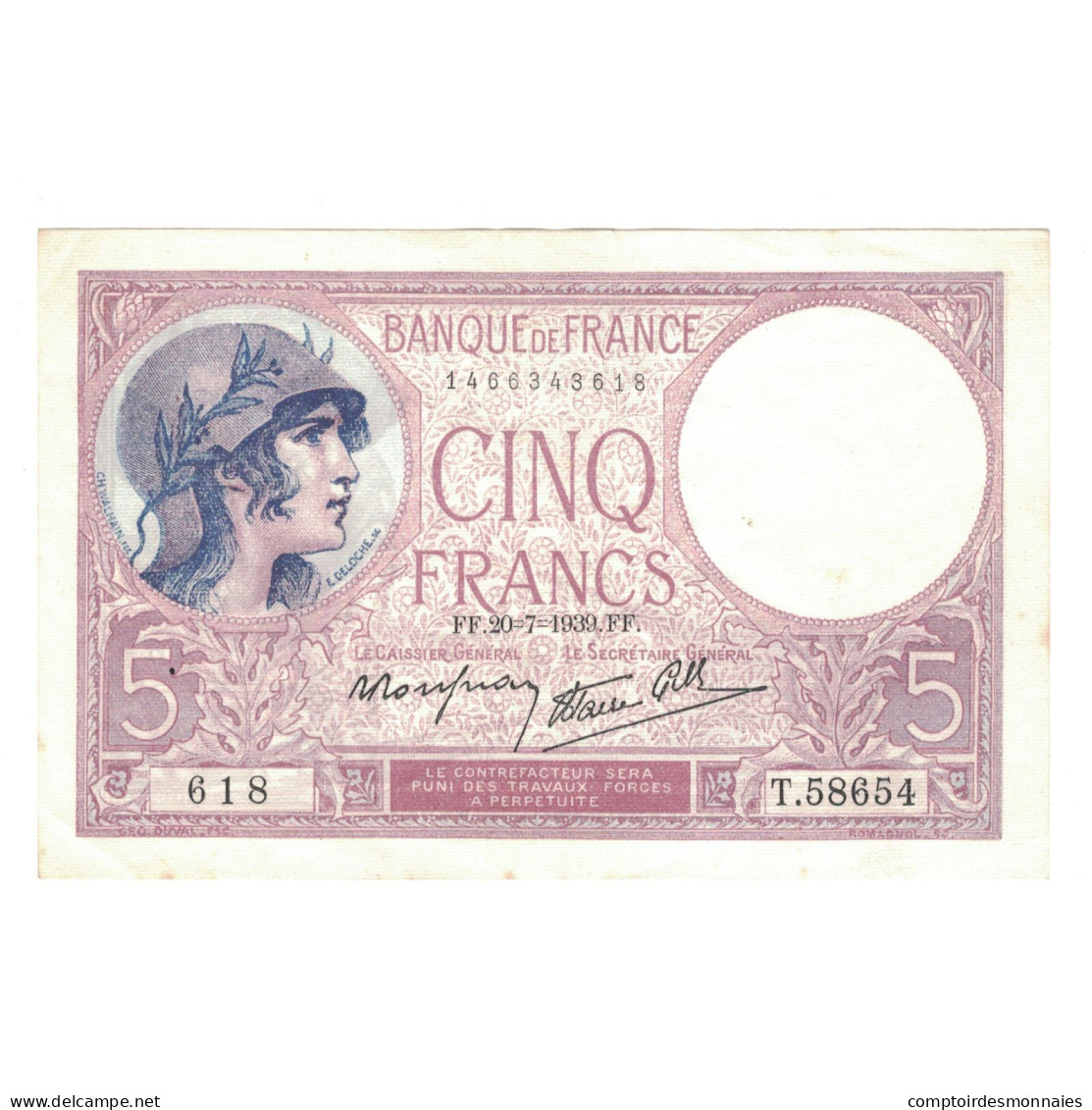 France, 5 Francs, Violet, 1939, T.58654, TTB+, Fayette:4.2, KM:83 - 5 F 1917-1940 ''Violet''