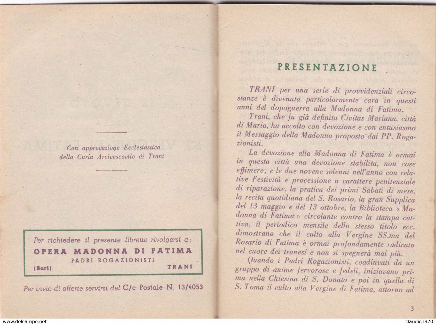 LIBRETTO  - RELIGIONE - IL DEVOTO DELLA SS. VERGINE DI FATIMA - 1910 - Religione