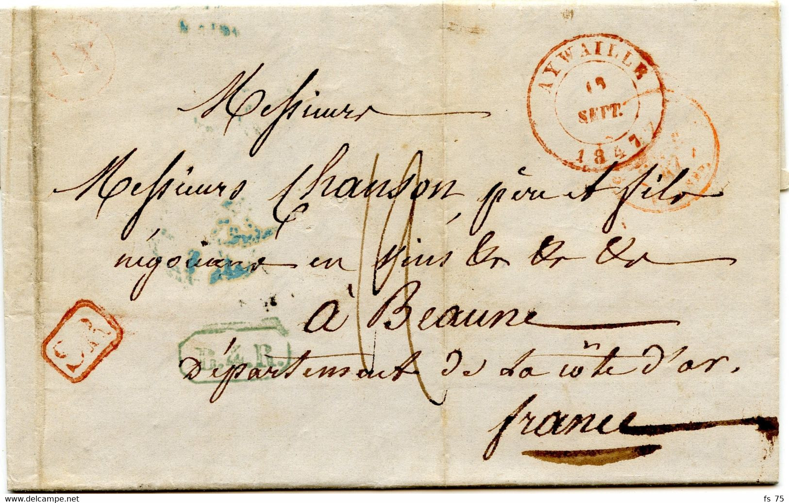 BELGIQUE - CAD AYWAILLE + SR + BOITE AX ROUGE (B/TB) SUR LETTRE AVEC TEXTE DE COMBLAIN LA TOUR POUR LA FRANCE, 1847 - Correo Rural