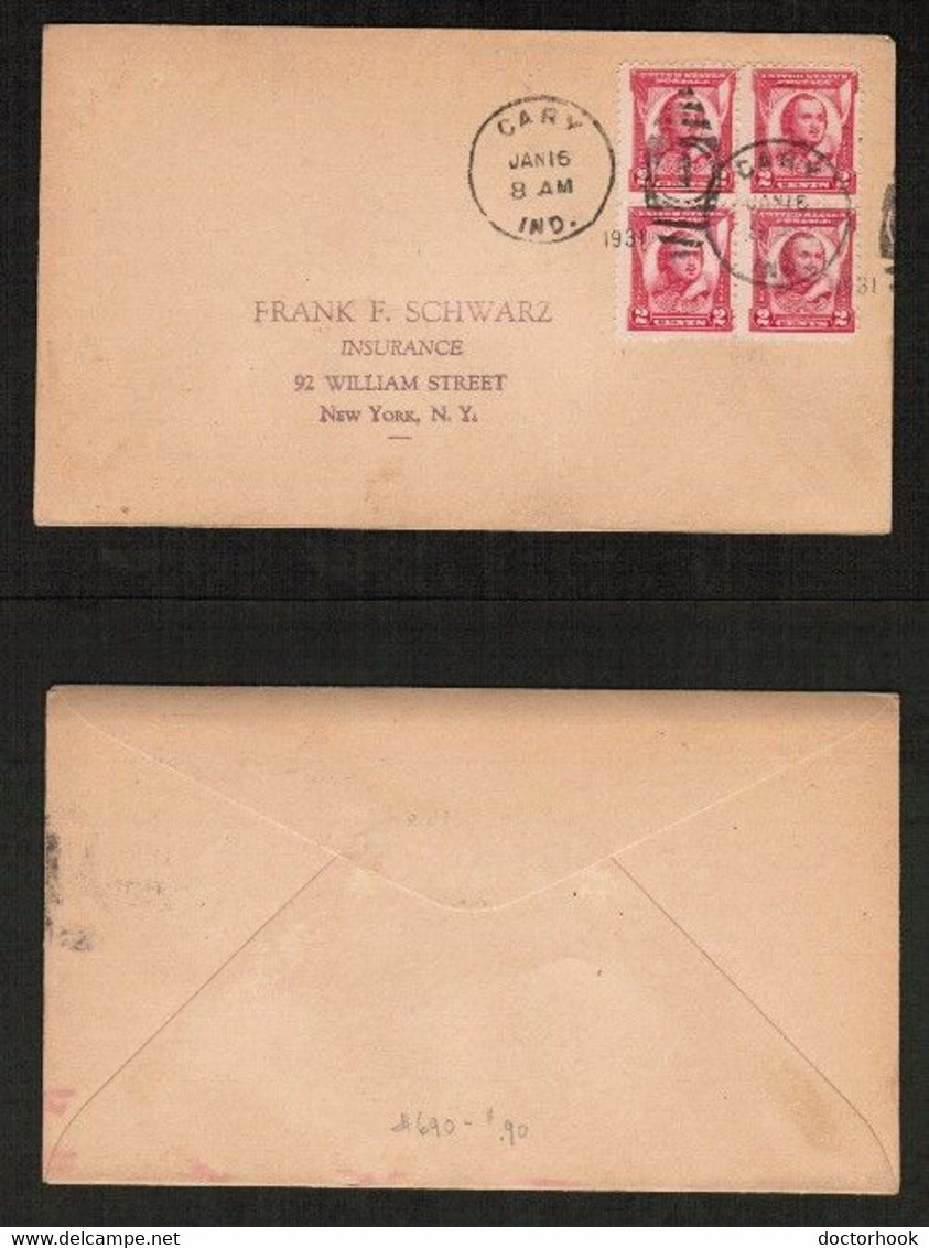 U.S.A.   Scott #690 BLOCK Of 4 On FIRST DAY COVER.---(JAN/16/1931)---COVER 417 - 1851-1940