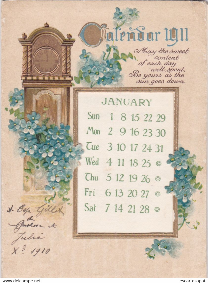 Calendrier 1911  à Poser -  à Système Complet - Fleurs Gauffrées Et Dorures - Tamaño Pequeño : 1901-20