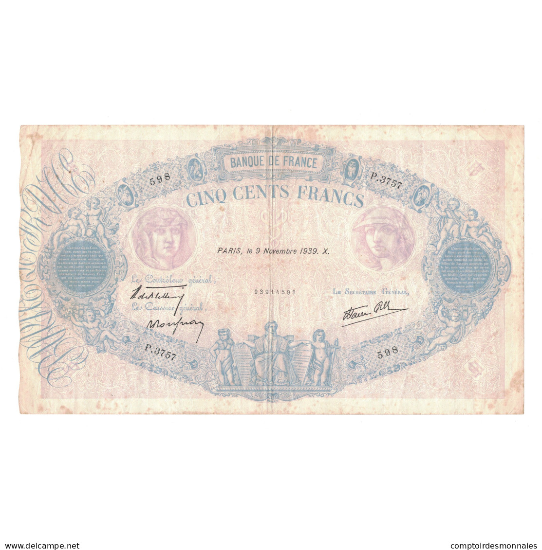 France, 500 Francs, Bleu Et Rose, 1939, P.3757, TB+, Fayette:31.47, KM:88c - 500 F 1888-1940 ''Bleu Et Rose''