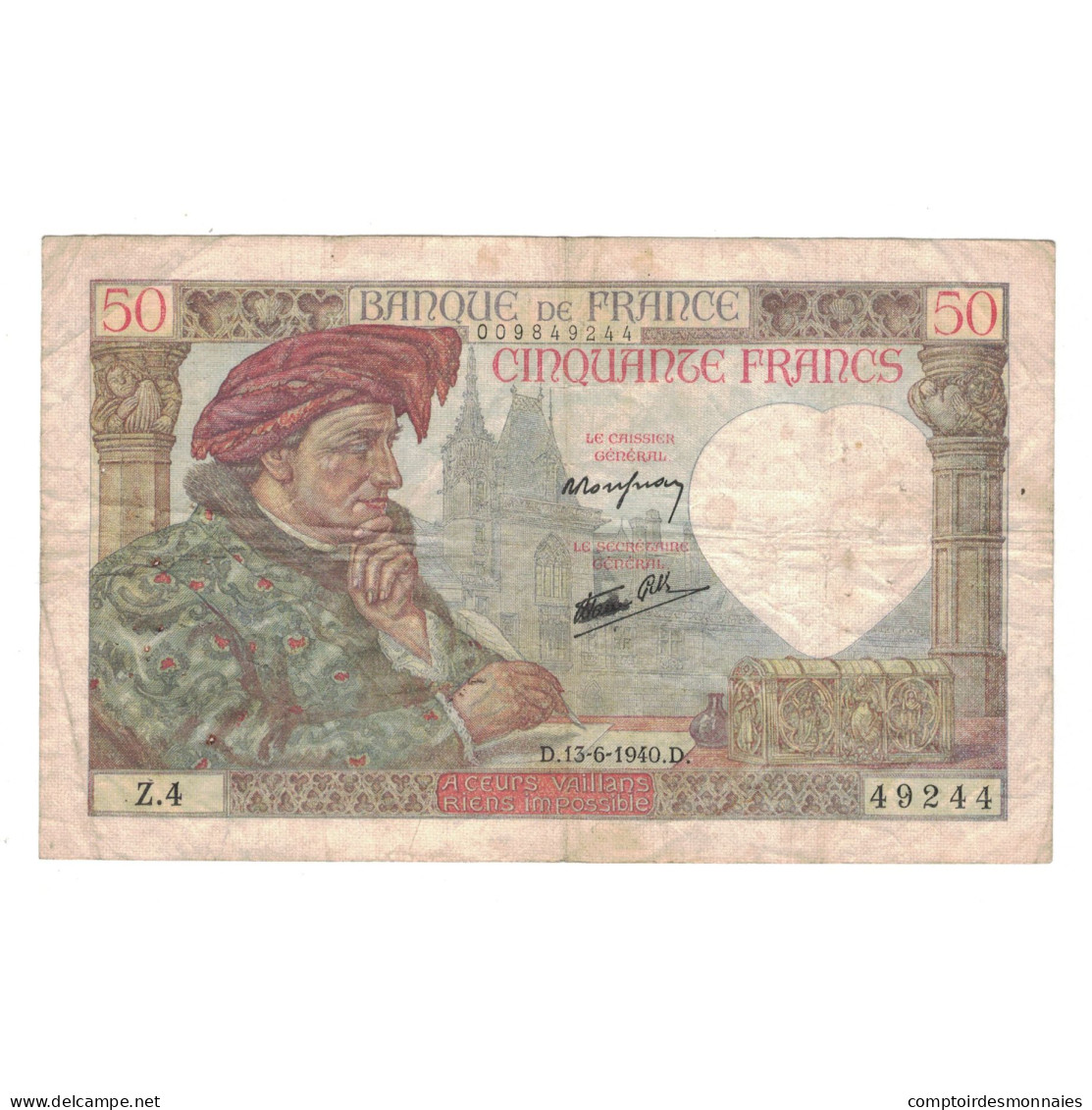 France, 50 Francs, Jacques Coeur, 1940, Z.4 49244, TB+, Fayette:19.1, KM:93 - 50 F 1940-1942 ''Jacques Coeur''