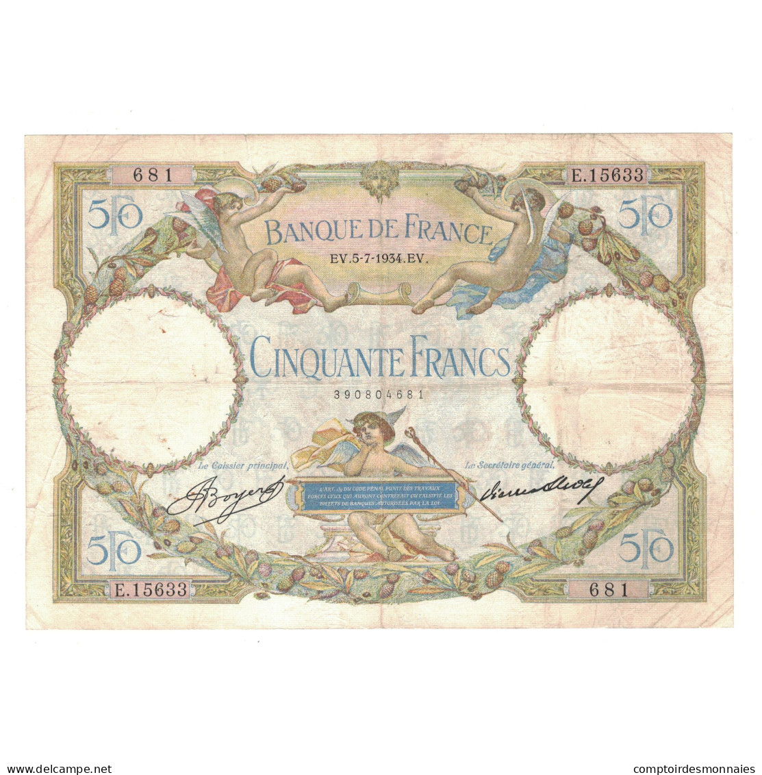 France, 50 Francs, Luc Olivier Merson, 1934, E.15633, TB+, Fayette:16.5 - 50 F 1927-1934 ''Luc Olivier Merson''