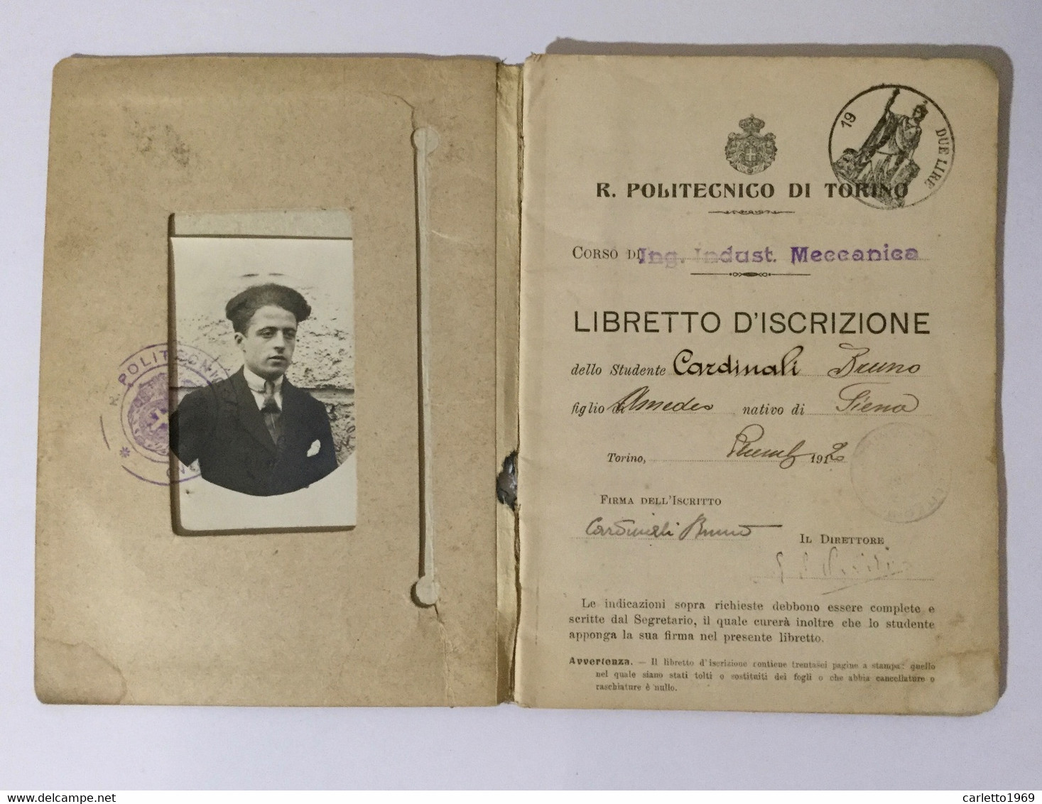 REGIO POLITECNICO DI TORINO - LIBRETTO DI ISCRIZIONE ANNO 1920/21 - Documents Historiques