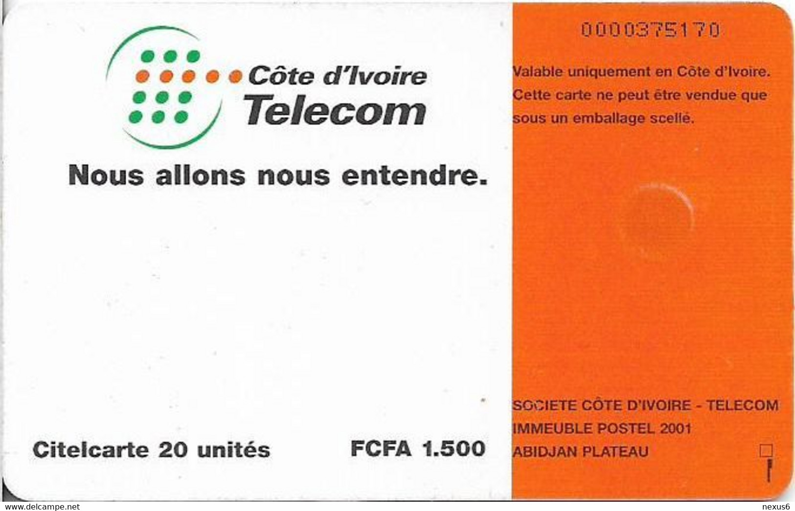 Ivory Coast - CI-Telcom - Chip - Telecom's Services, Chip Gem1B Not Symmetric White/Gold, 20Units, Used - Ivory Coast