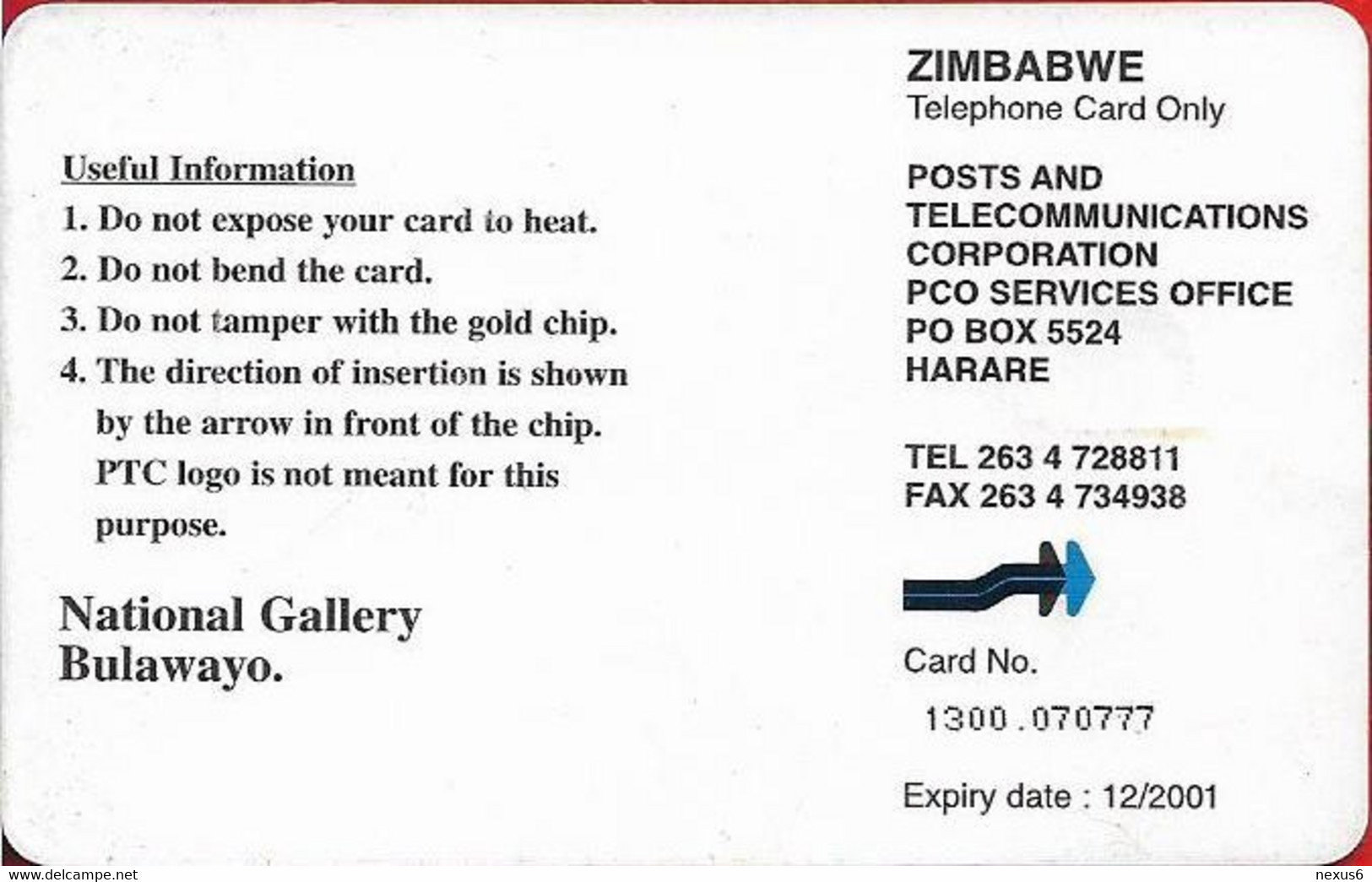 Zimbabwe - PTC - Bulawayo Gallery, Chip Gem5 Red, Exp. 12.2001, 200$, 200.000ex, Used - Vaticano