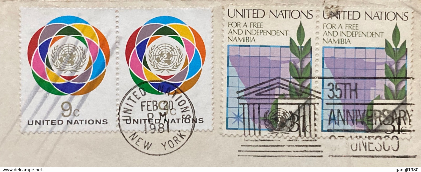 UNITED NATION 1981, TYPEWRITER MACHINE,GLOBE,EMBLEM,PLANT ,FREE NAMBIA, ANNIVERSARY OF UNESCO SLOGAN,COVER,4 STAMPS USED - Brieven En Documenten