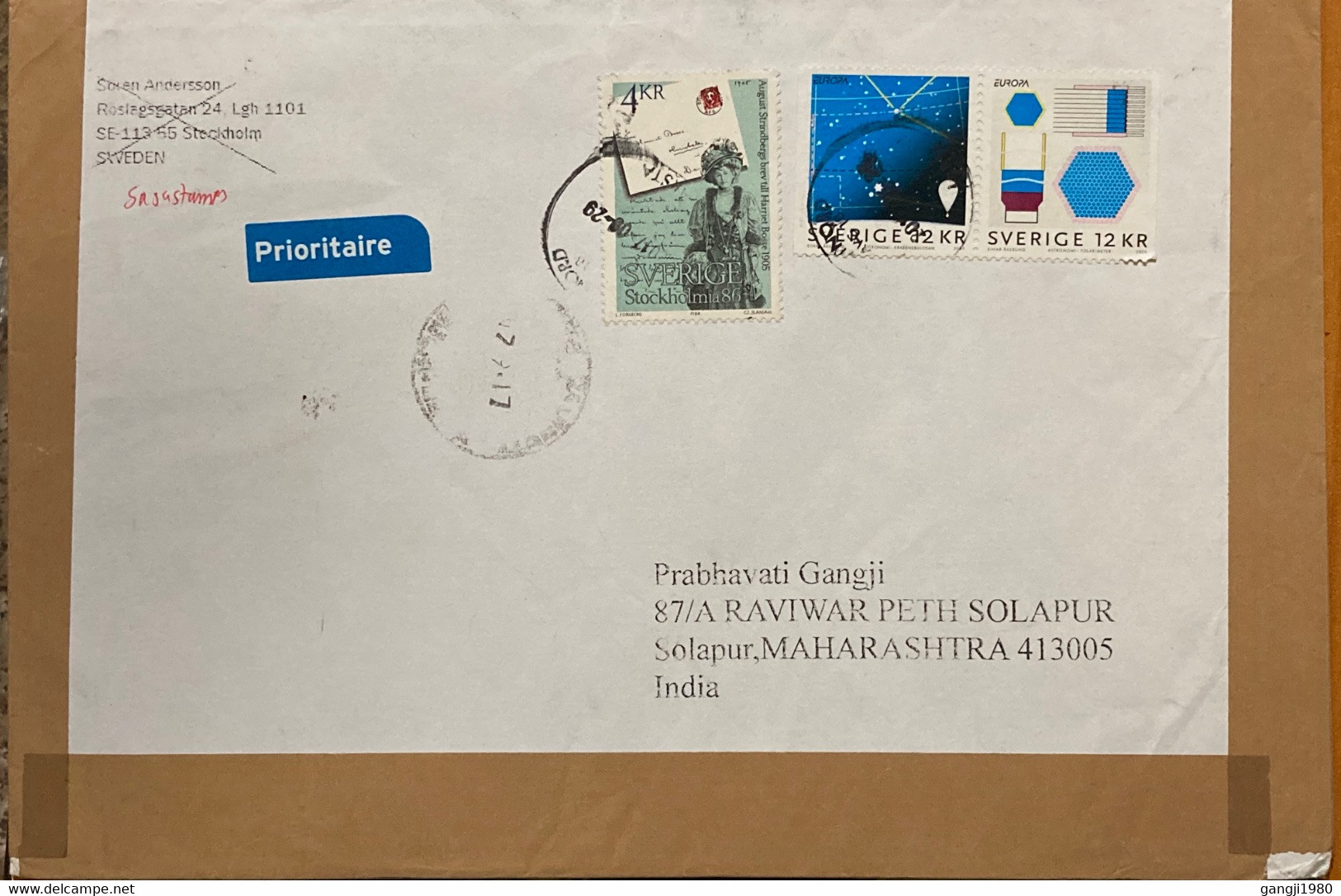 SWEDEN 2009, EUROPA SE-TENENT ,COVER ON STAMP ! STOCKHOLMIA 86 ,3 STAMP USED COVER TO INDIA - Storia Postale