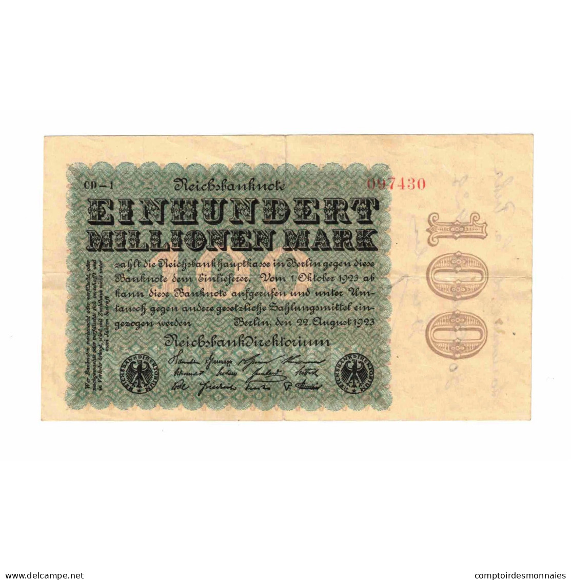 Billet, Allemagne, 100 Millionen Mark, 1923, 1923-08-22, KM:107e, TTB - 100 Miljoen Mark