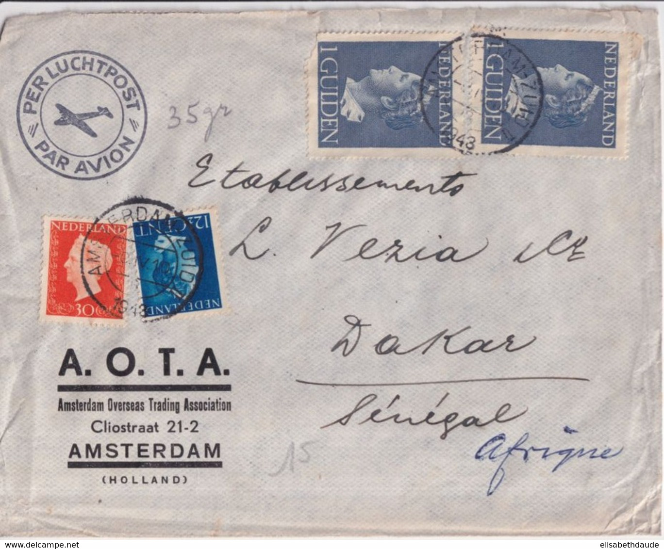 1948 - NEDERLAND - ENVELOPPE Par AVION De AMSTERDAM => DAKAR (SENEGAL) ! - Brieven En Documenten