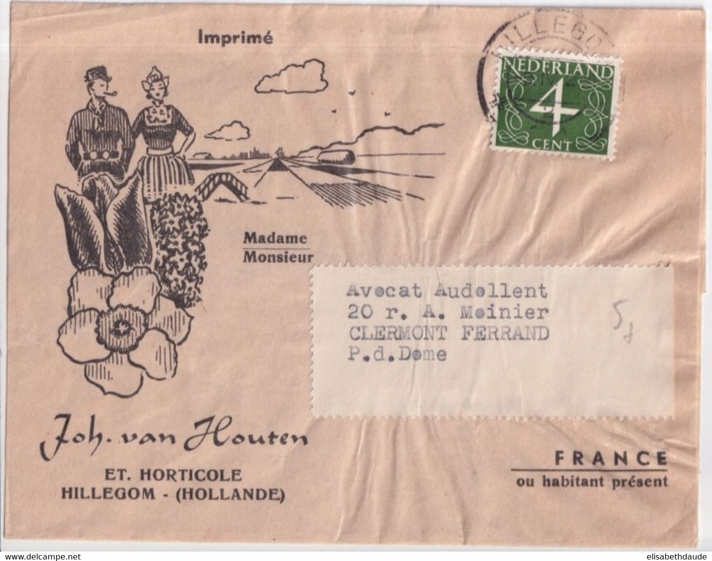 1951 - NEDERLAND - BANDE JOURNAL ILLUSTREE ! De HILLEGOM => CLERMONT-FERRAND - Covers & Documents