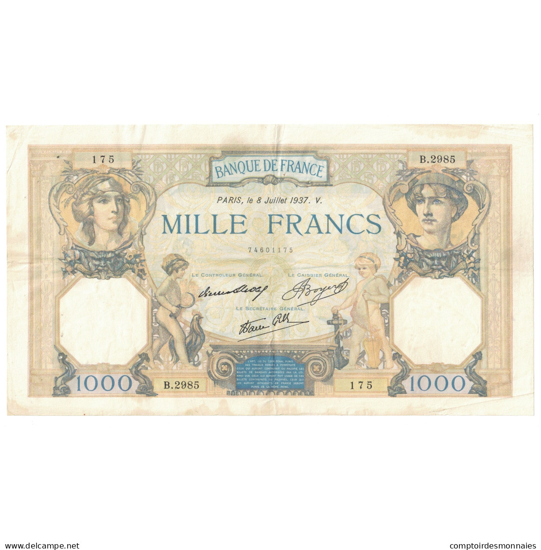 France, 1000 Francs, Cérès Et Mercure, 1937, B.2985, TTB, Fayette:38.1, KM:90a - 1 000 F 1927-1940 ''Cérès Et Mercure''